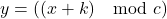 \begin{equation*}  y = ( (x + k) \mod c) \end{equation*}