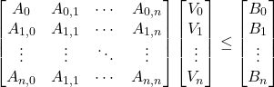 \[\begin{bmatrix}A_{0} & A_{0,1} & \cdots & A_{0,n} \\A_{1,0} & A_{1,1} & \cdots & A_{1,n} \\\vdots & \vdots & \ddots & \vdots \\A_{n,0} & A_{1,1} & \cdots & A_{n,n}\end{bmatrix}\begin{bmatrix}V_0\\V_1\\\vdots\\V_n\end{bmatrix}\le\begin{bmatrix}B_0\\B_1\\\vdots\\B_n\end{bmatrix}\]