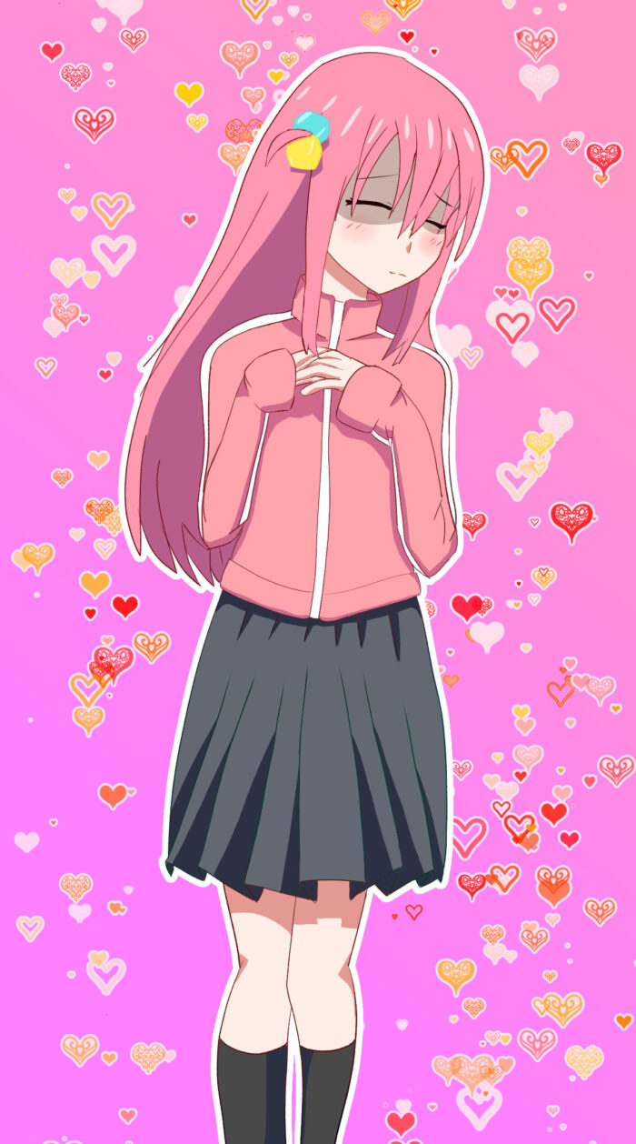 Hitori Gotou fanart from the anime show, Bocchi the Rock, being shy and lovely at the same time