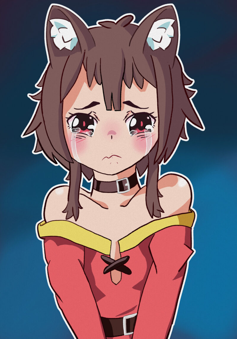 Megumin anime fanart, from the show KonoSuba, being very sad but very cute at the same time with cat ears, Krita by Voldie