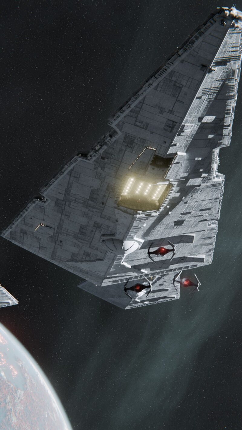 A star wars scene with tie fighter and star destroyer rendered in Blender, showcasing open-source 3D rendering capabilities. by Voldie
