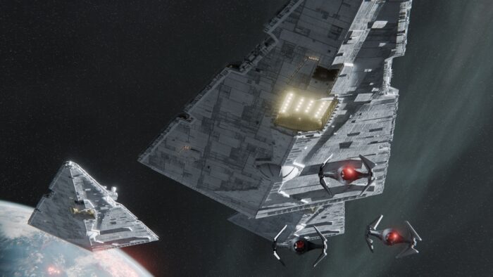 A star wars scene with tie fighter and star destroyer rendered in Blender, showcasing open-source 3D rendering capabilities. Created by Voldie