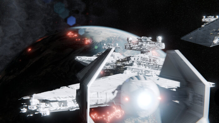 A star wars scene with tie fighter and star destroyer rendered in Blender, showcasing open-source 3D rendering capabilities. Created by Voldie