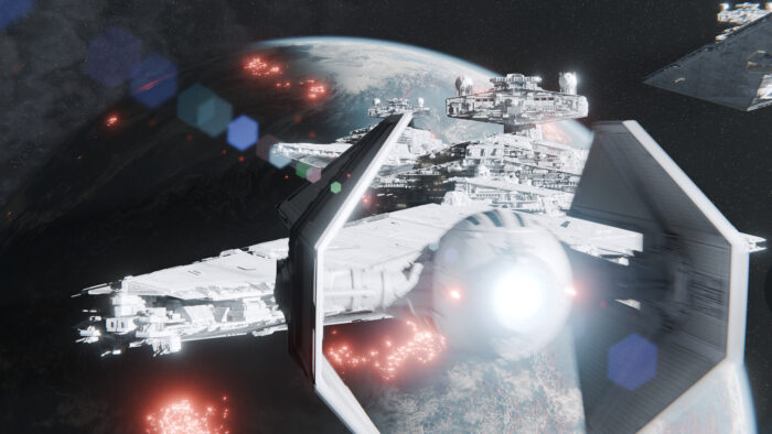 A star wars scene with tie fighter and star destroyer rendered in Blender, showcasing open-source 3D rendering capabilities. Created by Voldie