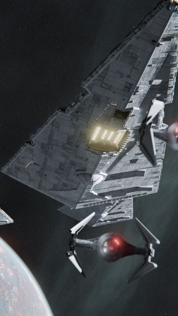 A star wars scene with tie fighter and star destroyer rendered in Blender, showcasing open-source 3D rendering capabilities. by Voldie
